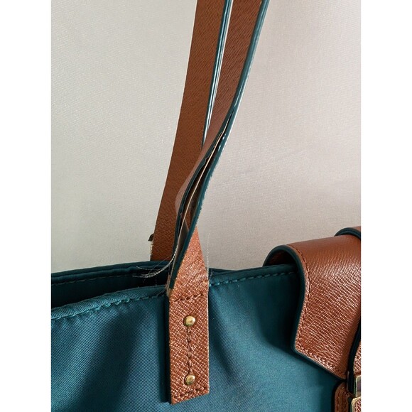Tory Burch Penn Nylon Faux Leather 14" Tote Shoulder Bag Teal Brown GUC - Picture 6 of 16